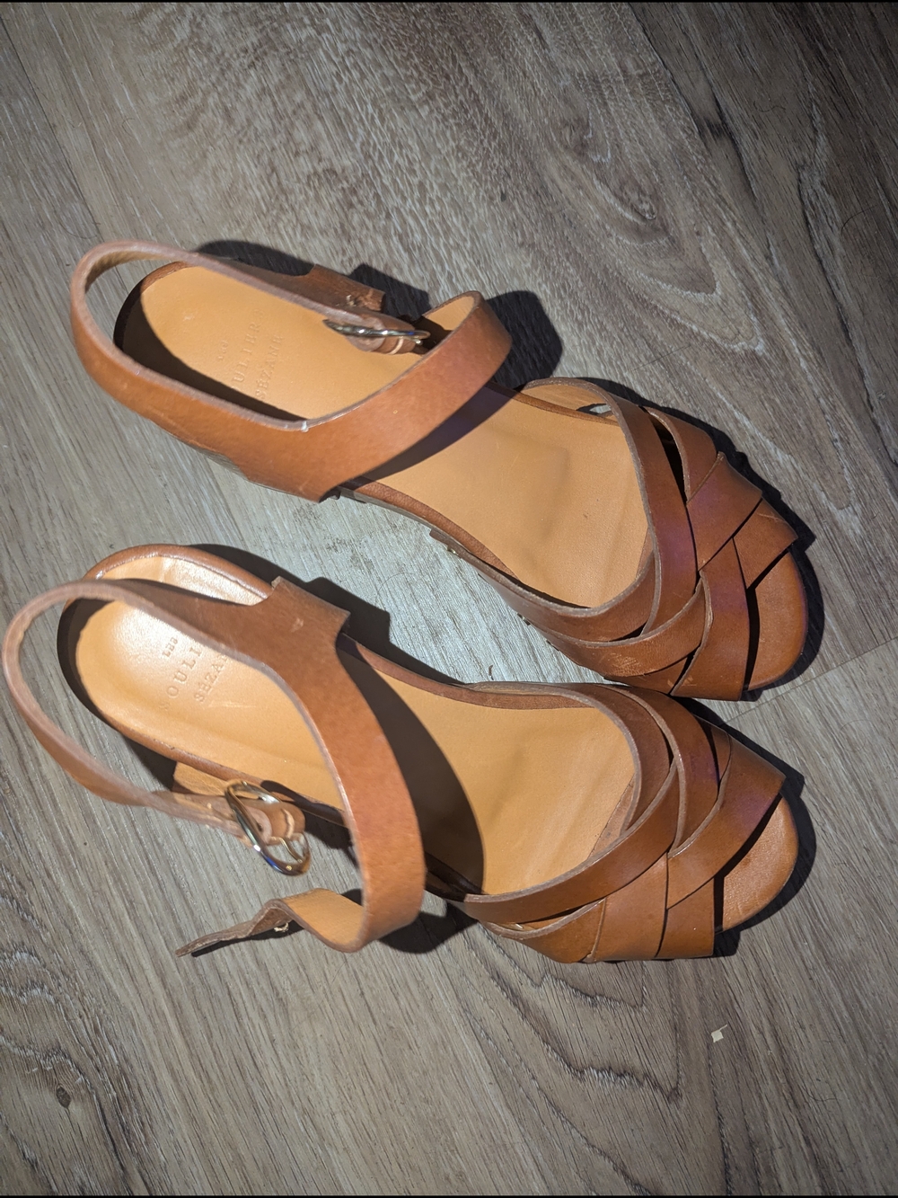 Sezane Tan Brown Leather Strappy Clog Wood Heels Sandals - Picture 2 of 7